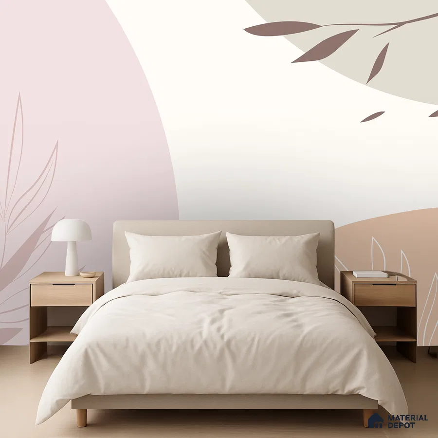 Minimalist bedroom with abstract pastel wallpaper and light wood furniture in Bengaluru