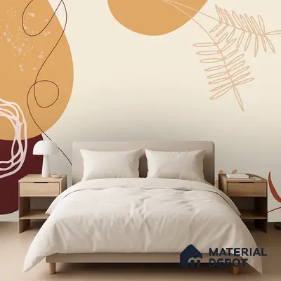 Minimalist bedroom with abstract patterned wallpaper and light wood furniture in Bengaluru