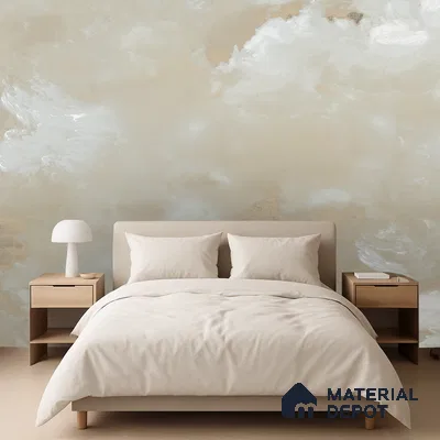 Minimalist bedroom with beige abstract wallpaper and light wood furniture in Bengaluru