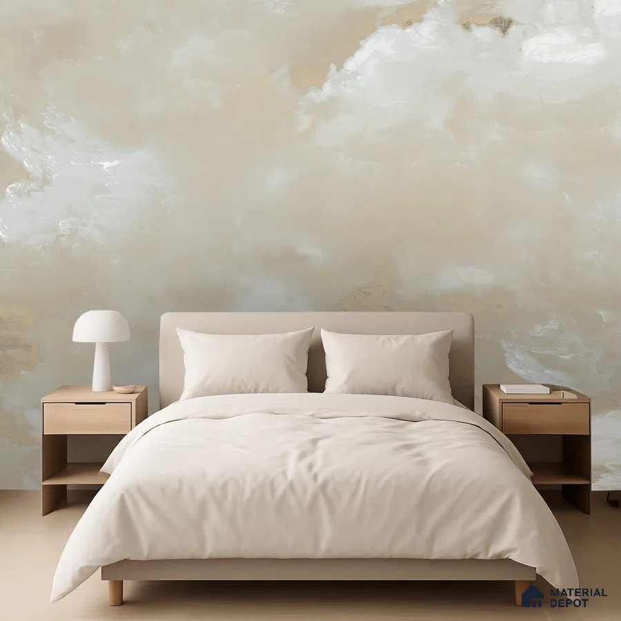 Minimalist bedroom with beige abstract wallpaper and light wood furniture in Bengaluru
