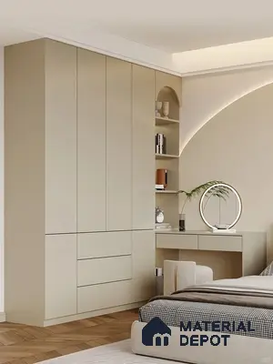 Minimalist bedroom with beige matte laminate wardrobe, built-in study, and herringbone wooden flooring | Material Depot