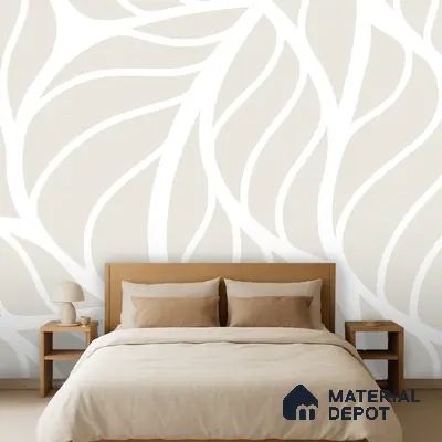 Minimalist bedroom with beige patterned wallpaper and natural wood bed in Bengaluru