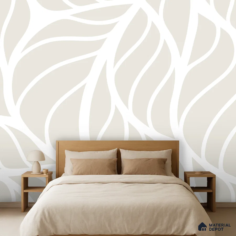 Minimalist bedroom with beige patterned wallpaper and natural wood bed in Bengaluru