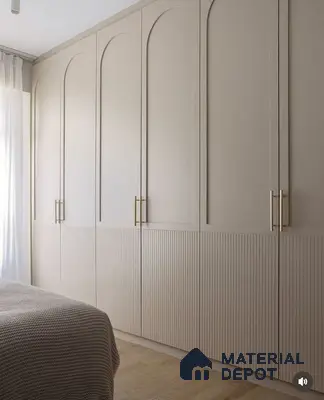 Minimalist bedroom with beige solid color and fluted laminate wardrobe and light wood flooring | Material Depot