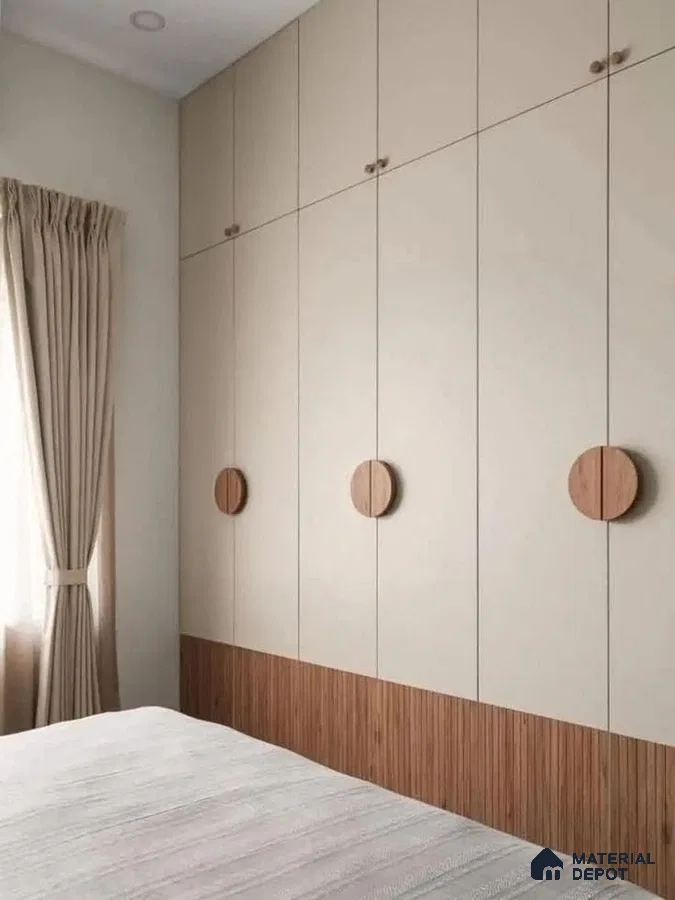 Minimalist bedroom with beige solid laminate wardrobe and vertical wood fluted laminate accents | Material Depot