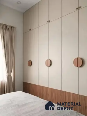 Minimalist bedroom with beige solid laminate wardrobe and vertical wood fluted laminate accents | Material Depot