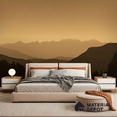Minimalist bedroom with beige upholstered bed and sunset mountain landscape wallpaper in Bengaluru