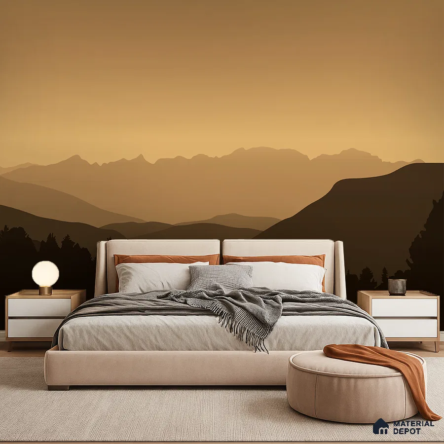 Minimalist bedroom with beige upholstered bed and sunset mountain landscape wallpaper in Bengaluru