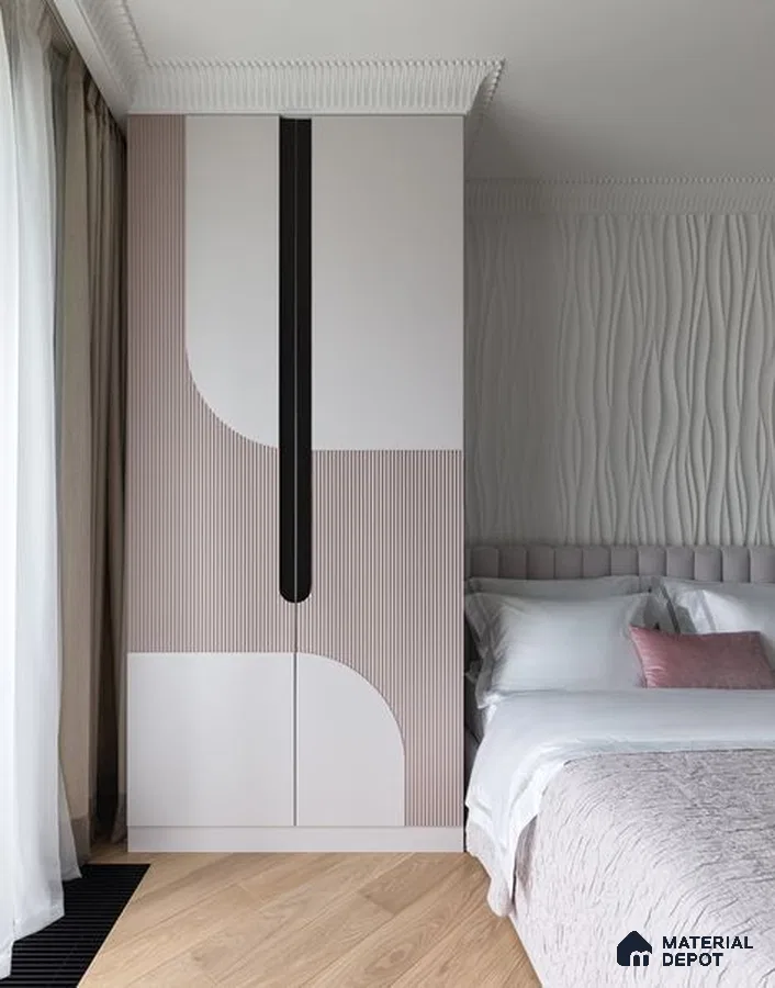 Minimalist bedroom with blush pink fluted laminate wardrobe, 3D wave wall panel, and light oak wooden flooring | Material Depot