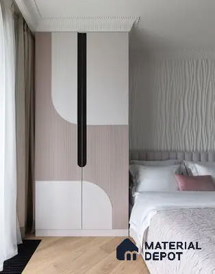 Minimalist bedroom with blush pink fluted laminate wardrobe, 3D wave wall panel, and light oak wooden flooring | Material Depot
