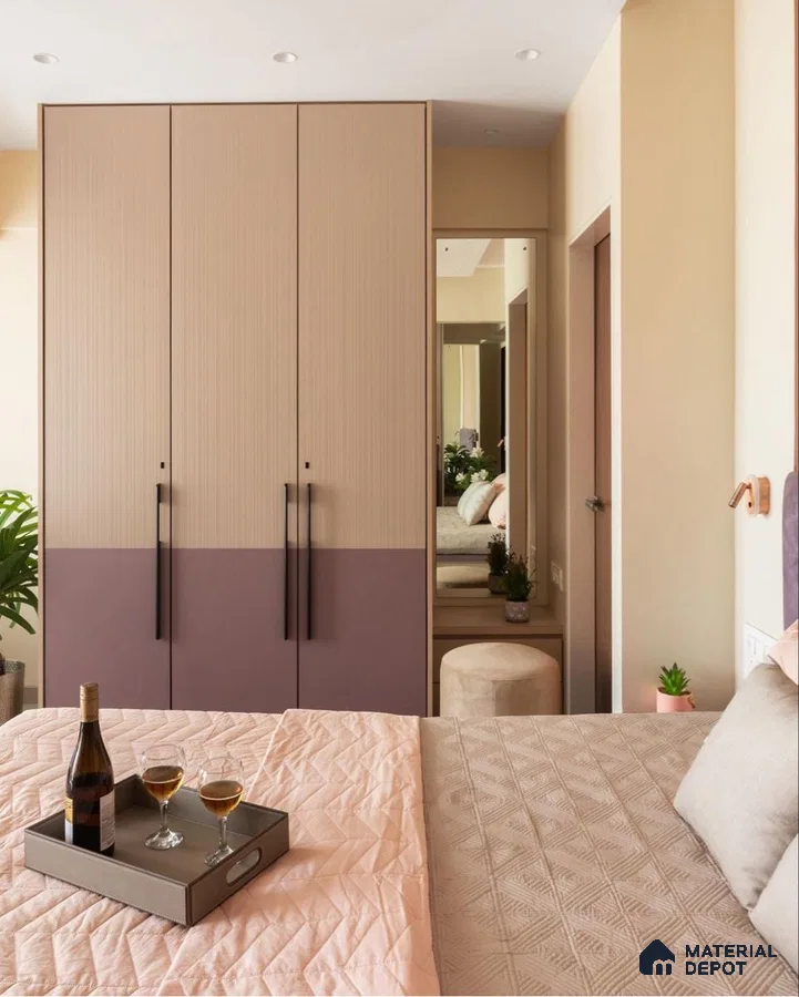 Minimalist bedroom with dual-tone pastel laminate wardrobe and beige wall paint | Material Depot