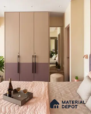 Minimalist bedroom with dual-tone pastel laminate wardrobe and beige wall paint | Material Depot
