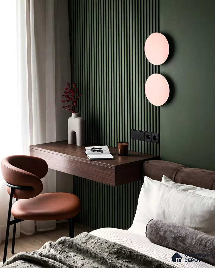 Minimalist Bedroom with Floating Study and Earth Tones | Material Depot