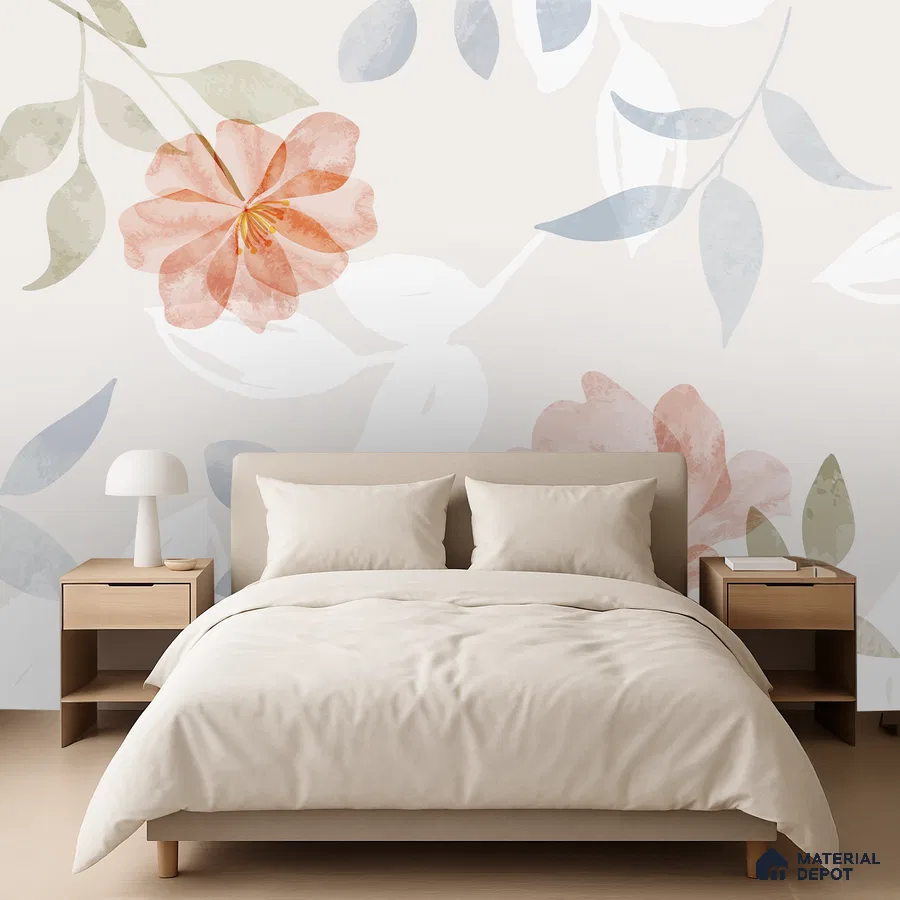 Minimalist bedroom with floral wallpaper and light wood furniture in Bengaluru