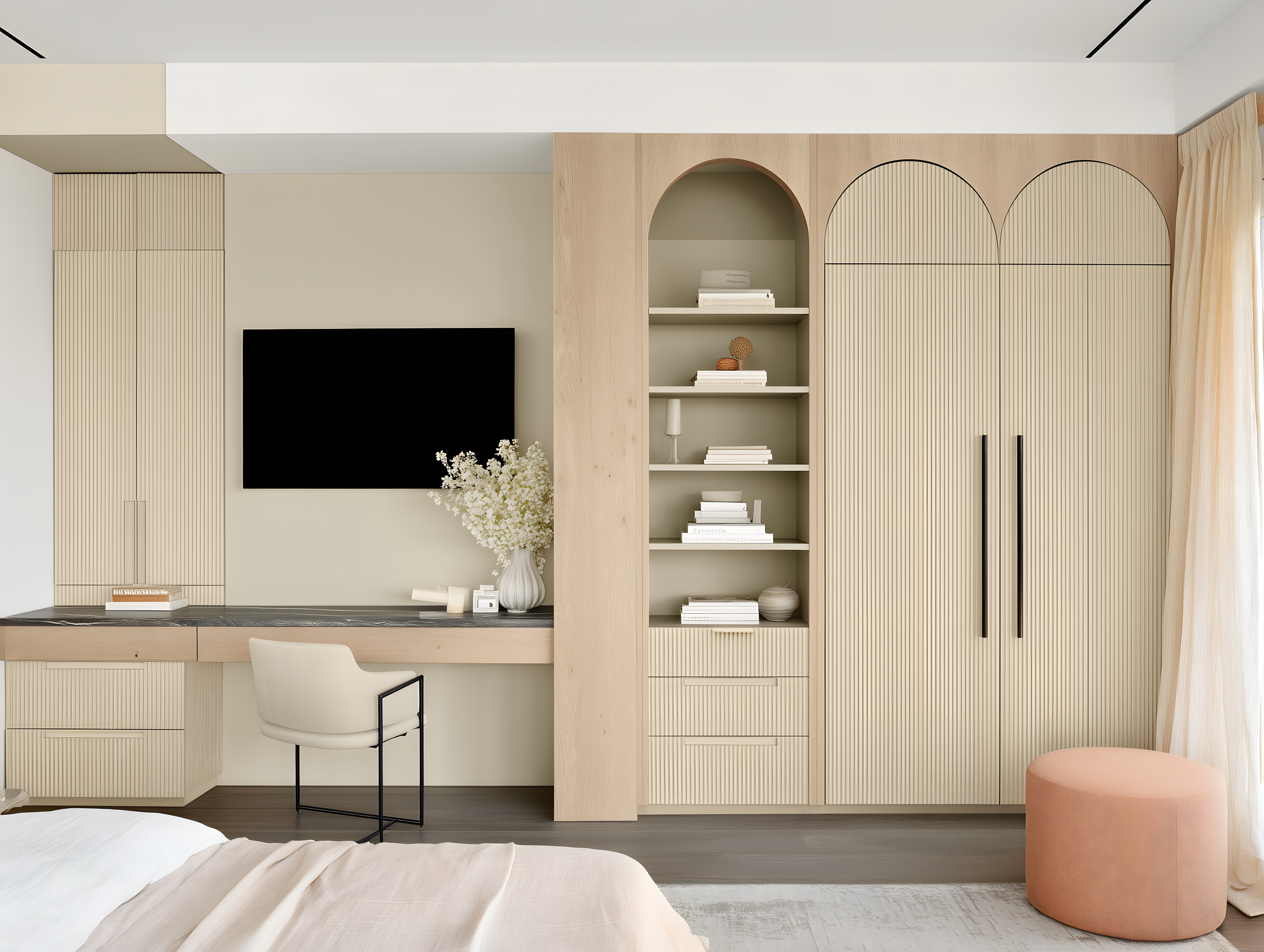 Minimalist Bedroom With Fluted Wardrobes Arched Niche & Sage Beige Accent Wall Efc9948593 | Material Depot