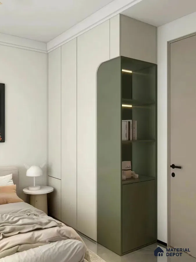 Minimalist bedroom with frosty white and olive green laminate wardrobe and glossy floor tile | Material Depot