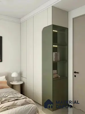 Minimalist bedroom with frosty white and olive green laminate wardrobe and glossy floor tile | Material Depot