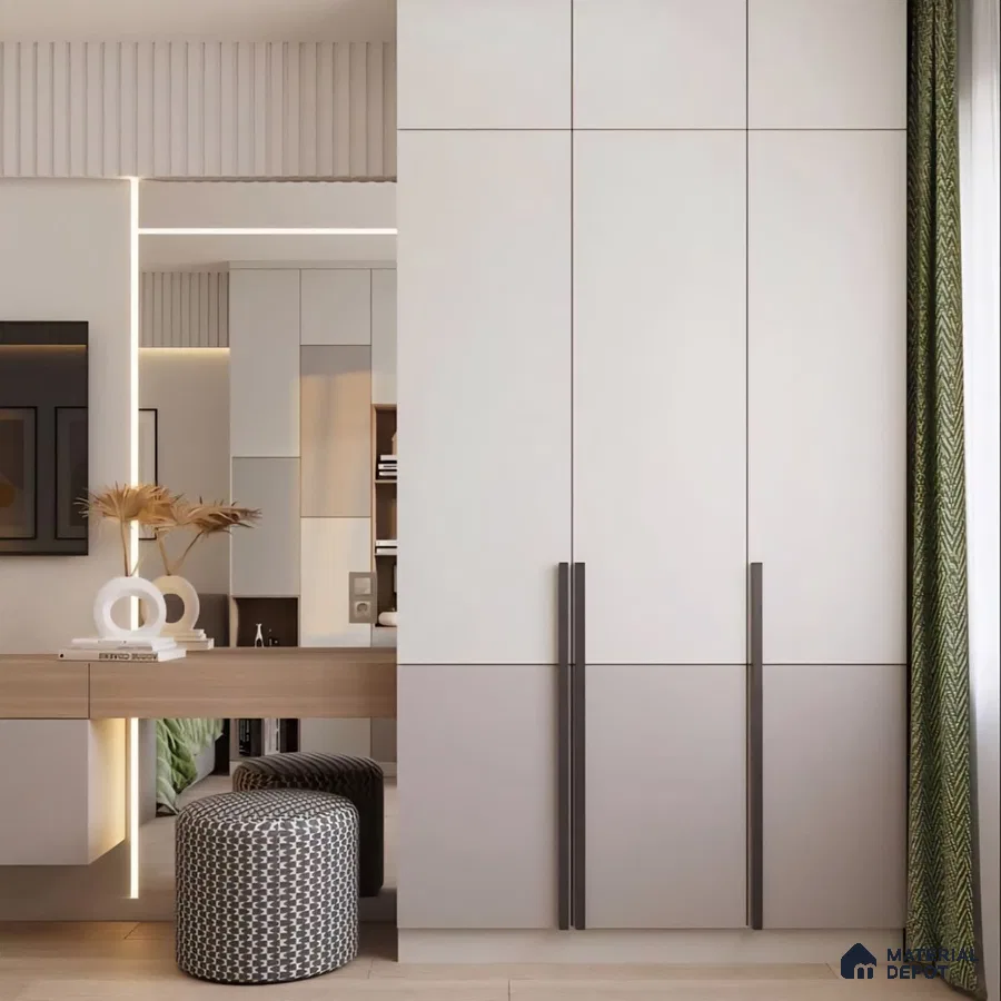 Minimalist bedroom with frosty white and taupe laminate wardrobe, light wood vanity, and fluted wall panel | Material Depot
