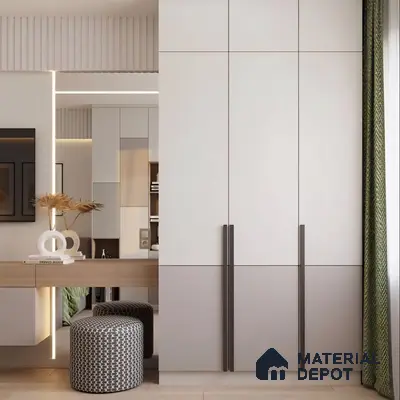 Minimalist bedroom with frosty white and taupe laminate wardrobe, light wood vanity, and fluted wall panel | Material Depot