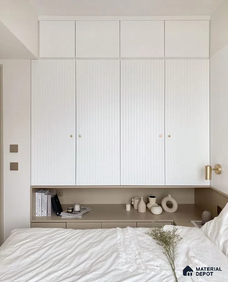 Minimalist bedroom with frosty white fluted laminate wardrobe and taupe beige laminate headboard niche | Material Depot