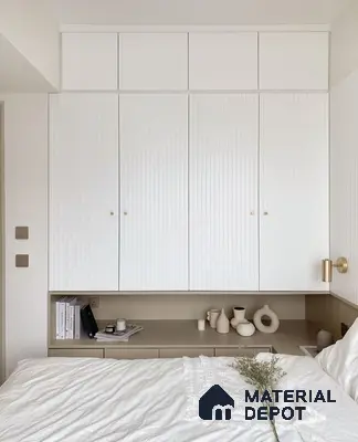 Minimalist bedroom with frosty white fluted laminate wardrobe and taupe beige laminate headboard niche | Material Depot