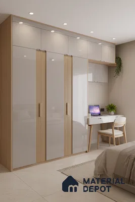 Minimalist bedroom with frosty white high gloss laminate wardrobe, light oak fluted handles, and built-in study desk in Bengaluru