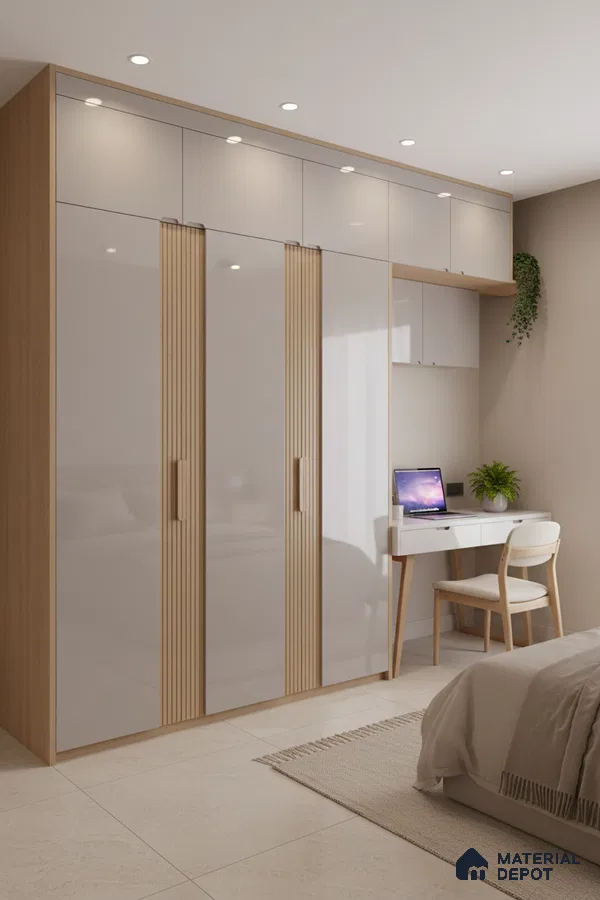 Minimalist bedroom with frosty white high gloss laminate wardrobe, light oak fluted handles, and built-in study desk in Bengaluru