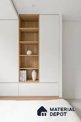 Minimalist bedroom with frosty white laminate wardrobe and natural oak laminate open shelving | Material Depot
