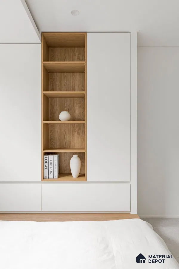 Minimalist bedroom with frosty white laminate wardrobe and natural oak laminate open shelving | Material Depot
