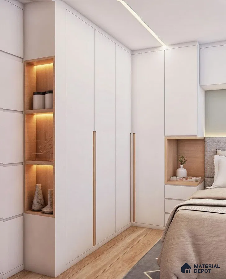Minimalist bedroom with frosty white laminate wardrobe, light oak laminate shelves, and wooden floor tile | Material Depot