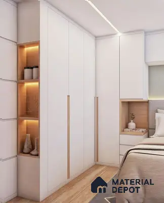 Minimalist bedroom with frosty white laminate wardrobe, light oak laminate shelves, and wooden floor tile | Material Depot
