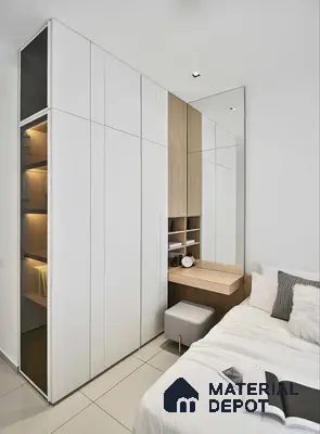 Minimalist bedroom with frosty white laminate wardrobe, light oak laminate study desk, and large wall mirror | Material Depot