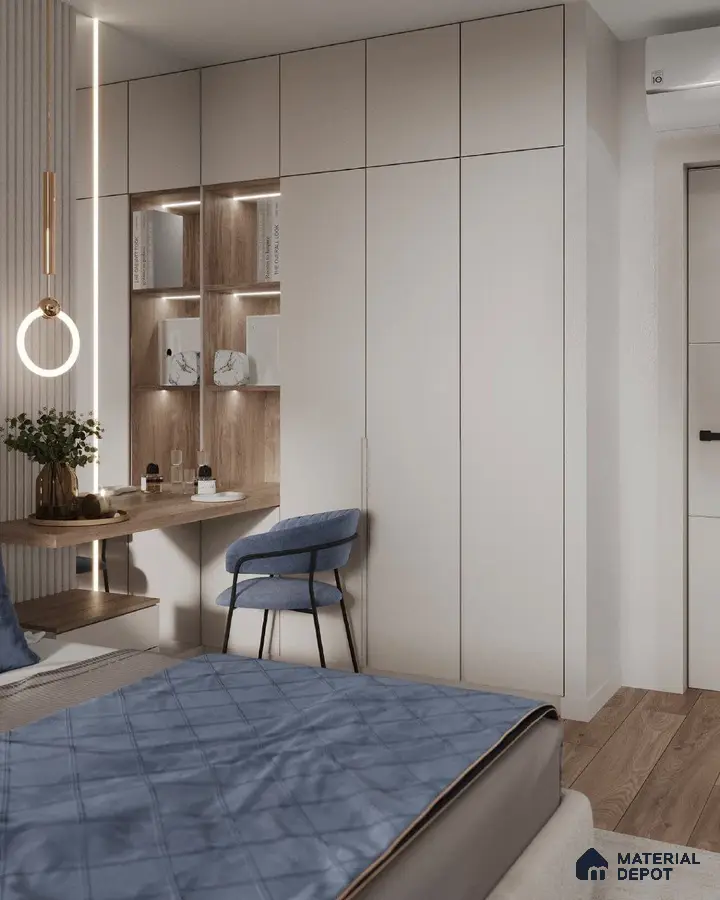 Minimalist bedroom with frosty white laminate wardrobe, oak wood open shelves, and light oak wooden flooring | Material Depot