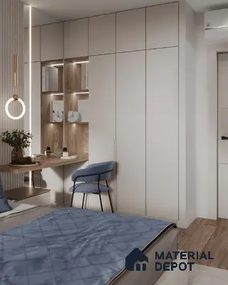 Minimalist bedroom with frosty white laminate wardrobe, oak wood open shelves, and light oak wooden flooring | Material Depot
