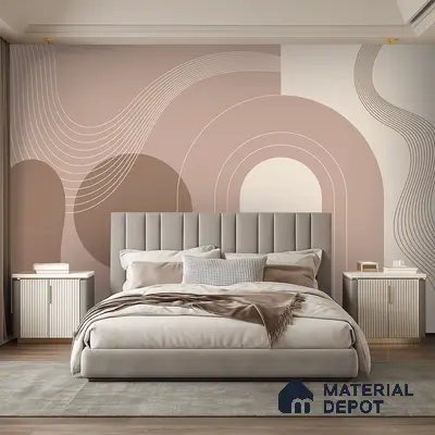 Minimalist bedroom with geometric abstract wallpaper and suede upholstered bed in Bengaluru