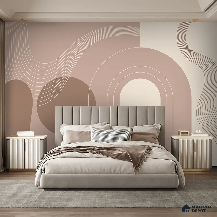 Minimalist bedroom with geometric abstract wallpaper and suede upholstered bed in Bengaluru