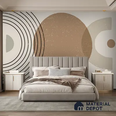 Minimalist bedroom with geometric abstract wallpaper, suede upholstered bed, and neutral palette in Bengaluru
