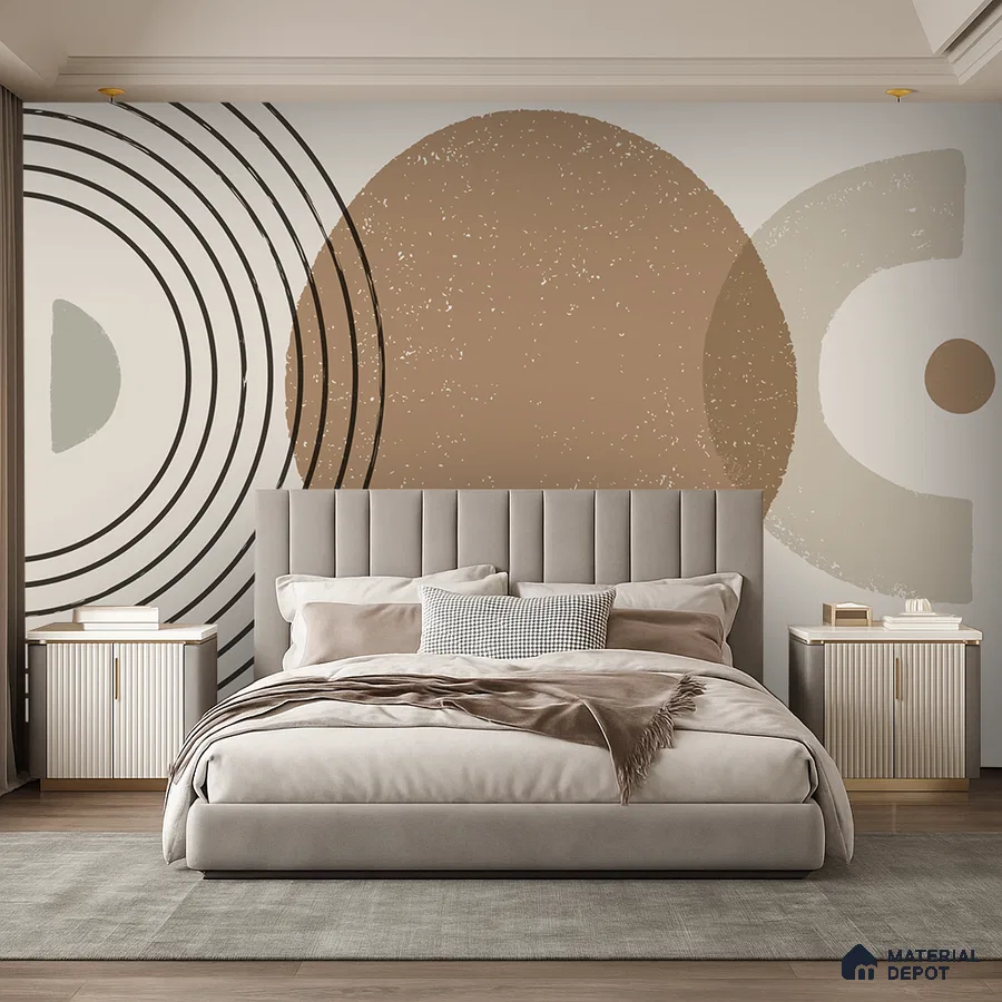 Minimalist bedroom with geometric abstract wallpaper, suede upholstered bed, and neutral palette in Bengaluru
