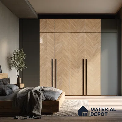 Dual Tone Kitchen with Green Matte Laminate and Natural Wood Finish Cabinets | Material Depot