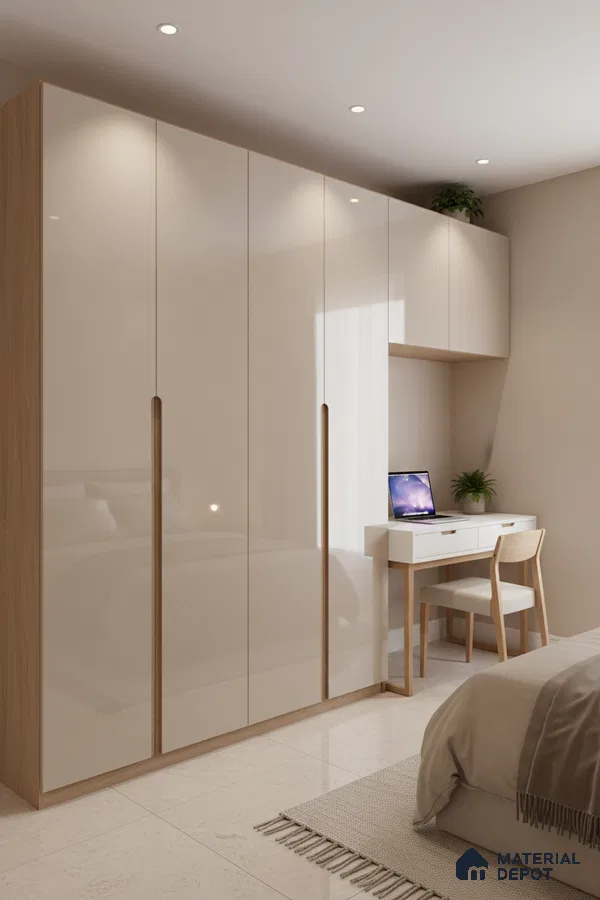Minimalist bedroom with high gloss beige laminate wardrobe and light oak accents in Bengaluru