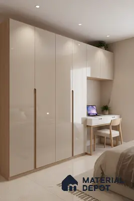 Minimalist bedroom with high gloss beige laminate wardrobe and light oak accents in Bengaluru