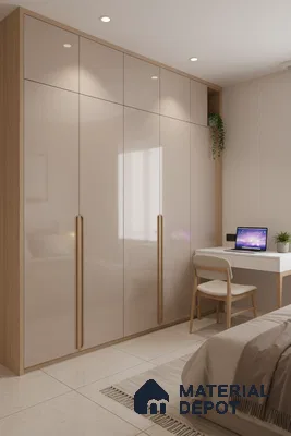 Minimalist bedroom with high gloss beige laminate wardrobe and light oak accents in Bengaluru