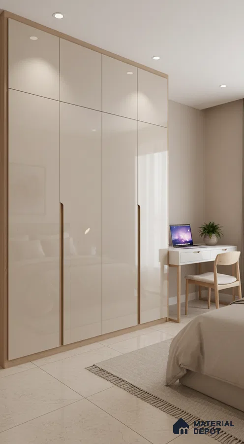 Minimalist bedroom with high gloss beige laminate wardrobe and light wood accents in Bengaluru
