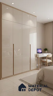 Minimalist bedroom with high gloss beige laminate wardrobe and light wood accents in Bengaluru