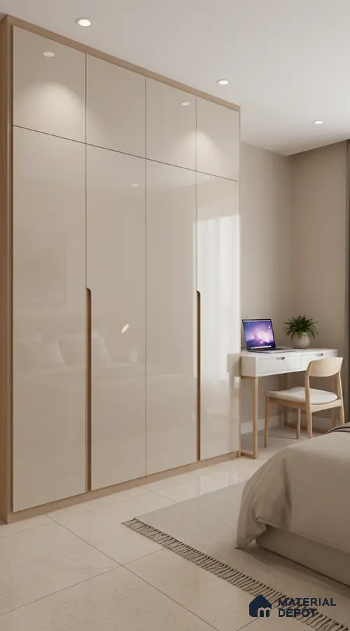Minimalist bedroom with high gloss beige laminate wardrobe and light wood accents in Bengaluru