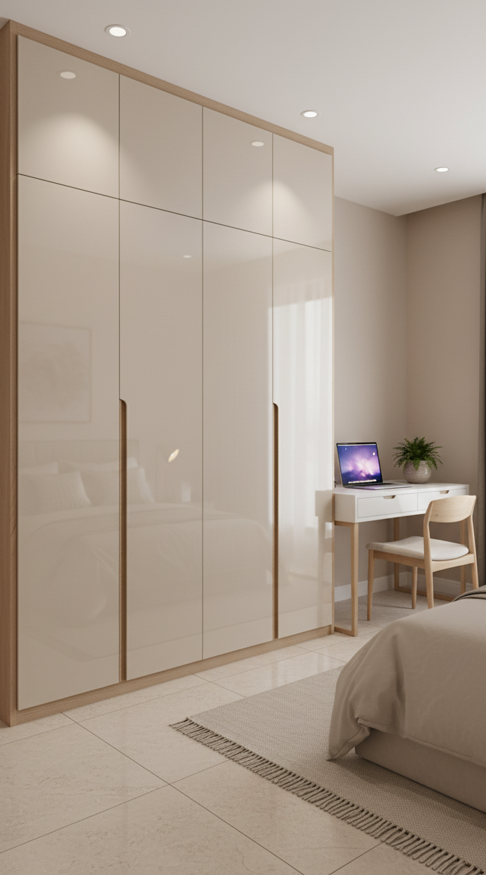 Minimalist bedroom with high gloss beige laminate wardrobe and light wood accents in Bengaluru