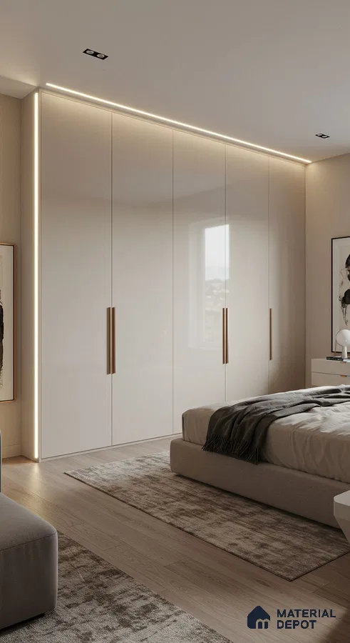 Minimalist bedroom with high gloss beige wardrobe and light oak wooden flooring | Material Depot