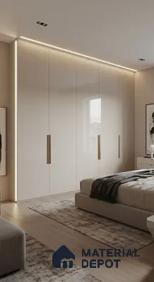 Minimalist bedroom with high gloss beige wardrobe and light oak wooden flooring | Material Depot