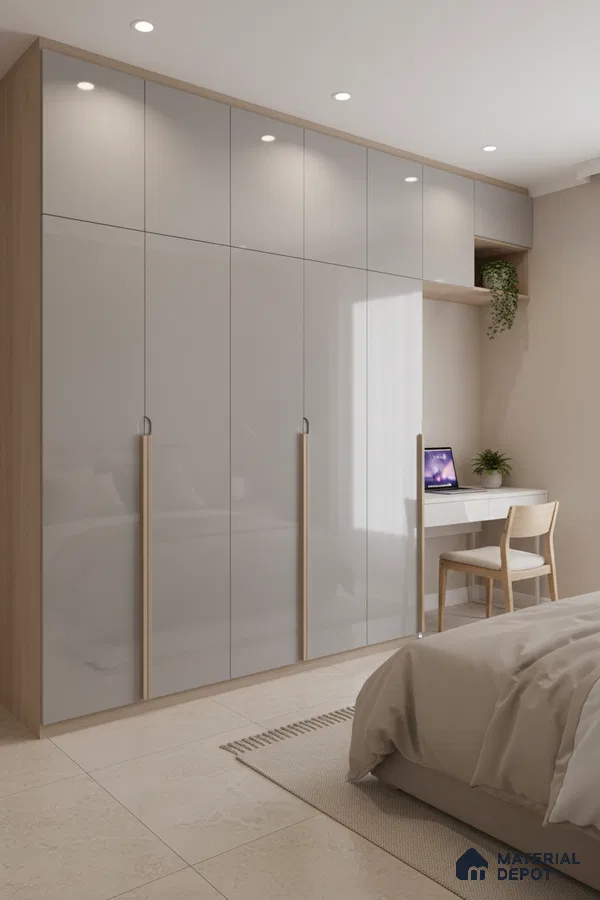 Minimalist bedroom with high gloss frosty white laminate wardrobe and light oak accents in Bengaluru