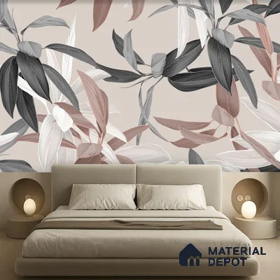 Minimalist bedroom with large floral wallpaper and beige suede upholstered bed in Bengaluru